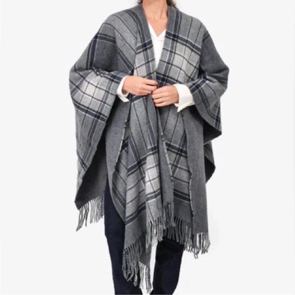 Theory Sajome Plaid Poncho Wrap Fringe Shawl Italy Luxurious P/S